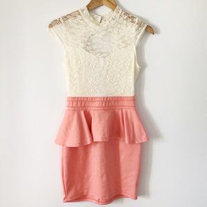 Pink and White Lace Body Con Peplum Dress